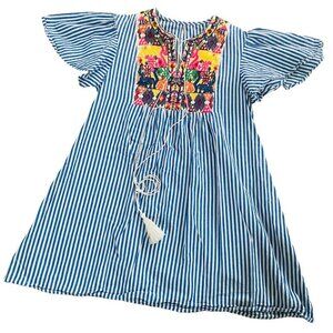 Blue Striped Boho Embroidered Peasant Mini Dress Cotton Flutter Sleeves